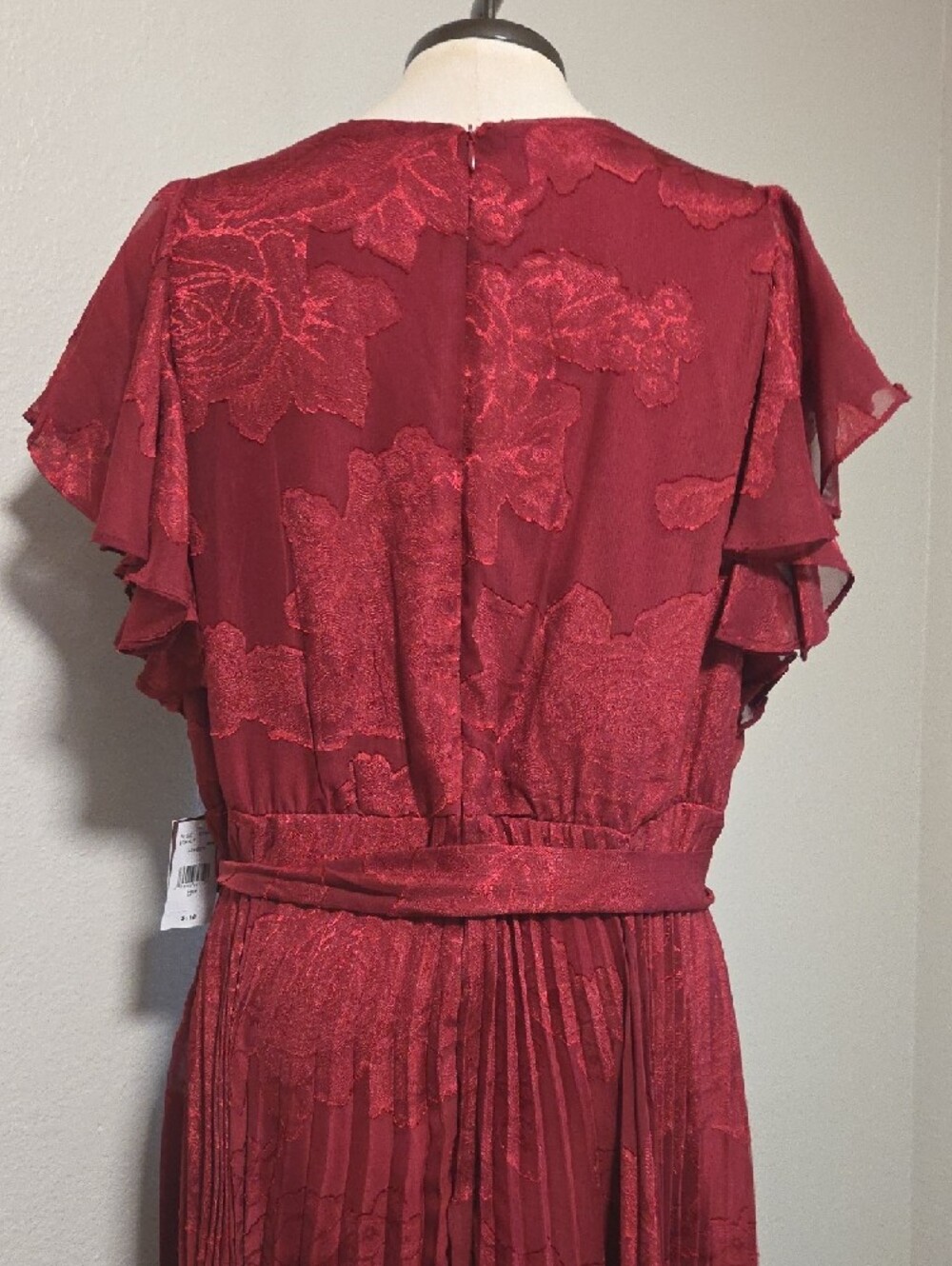 Women's Burgundy V-Neck Pleated Wrap Dress - Picture 5 of 8
